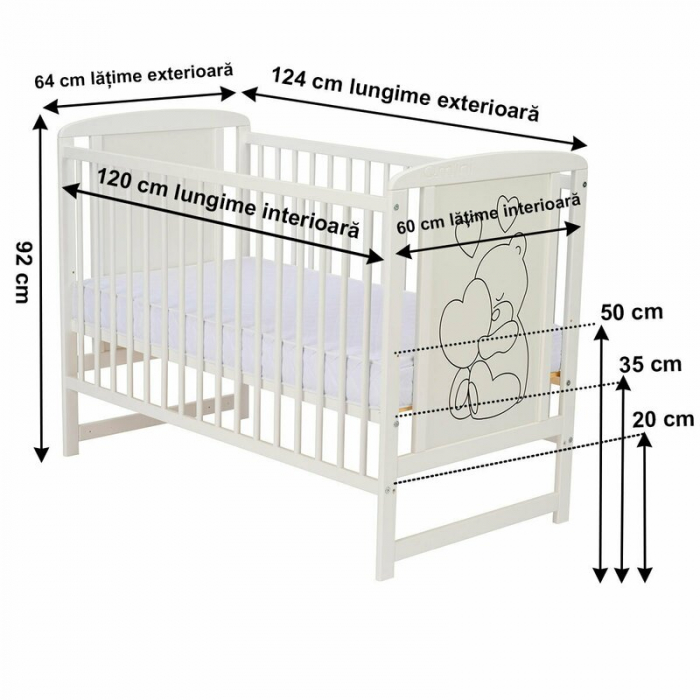 Patut din lemn, 120x60 cm, Din lemn de pin si mdf, Stabil si rezistent, Inaltime saltea reglabila pe 3 nivele, Laterala cu 3 bete detasabile, EN716-1, EN716-2, Alb, Qmini, Timmi Heart + Saltea 12 cm [6]