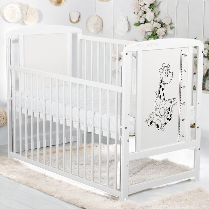Patut din lemn bebe, 120x60 cm, Cu laterala culisanta, Din lemn de pin si mdf, Stabil si rezistent, Inaltime saltea reglabila pe 3 nivele, Laterala cu 3 bete detasabile, EN716-1, EN716-2, Alb, Babynee [2]