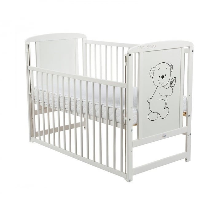 Patut din lemn bebe, 120x60 cm, Cu laterala culisanta, Din lemn de pin si mdf, Stabil si rezistent, Inaltime saltea reglabila pe 3 nivele, Laterala cu 3 bete detasabile, EN716-1, EN716-2, Alb, Babynee [6]