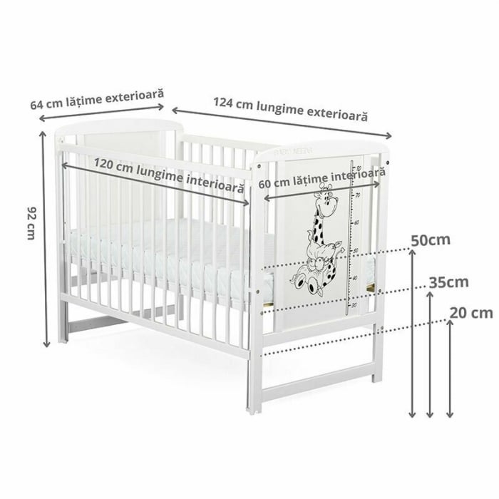 Patut din lemn bebe, 120x60 cm, Cu laterala culisanta, Din lemn de pin si mdf, Stabil si rezistent, Inaltime saltea reglabila pe 3 nivele, Laterala cu 3 bete detasabile, EN716-1, EN716-2, Alb, Babynee [5]