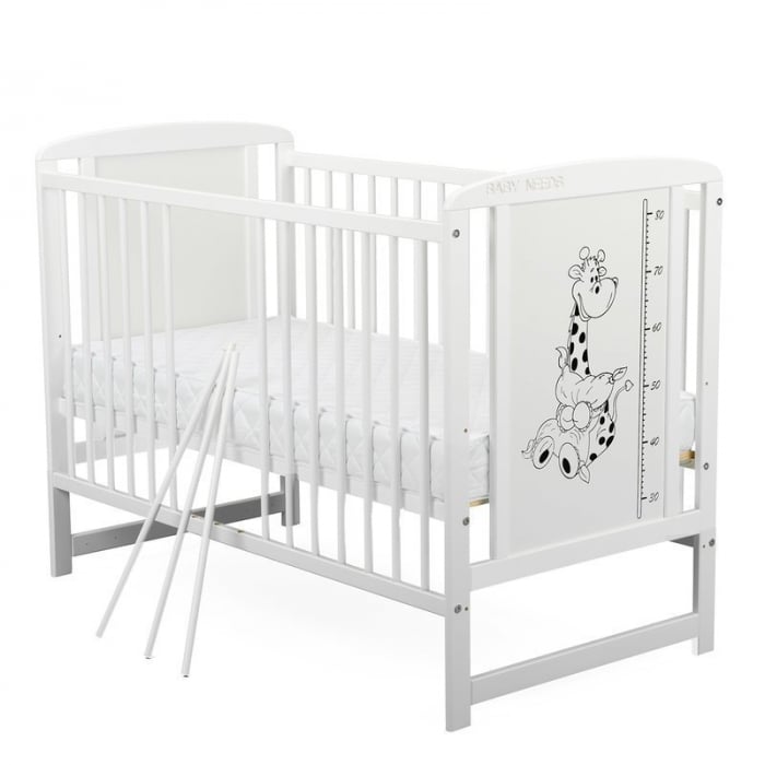 Patut din lemn bebe, 120x60 cm, Cu laterala culisanta, Din lemn de pin si mdf, Stabil si rezistent, Inaltime saltea reglabila pe 3 nivele, Laterala cu 3 bete detasabile, EN716-1, EN716-2, Alb, Babynee [8]