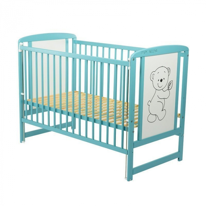 Patut din lemn bebe, 120x60 cm, Cu laterala culisanta, Din lemn de pin si mdf, Stabil si rezistent, Inaltime saltea reglabila pe 3 nivele, Laterala cu 3 bete detasabile, EN716-1, EN716-2, Mint, Babyne [6]