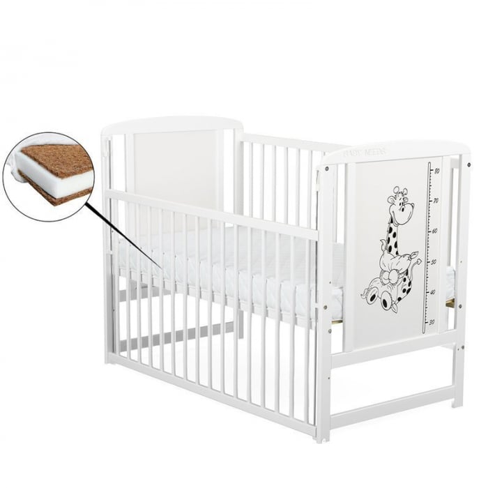 Patut din lemn bebe, 120x60 cm, Cu laterala culisanta, Din lemn de pin si mdf, Stabil si rezistent, Inaltime saltea reglabila pe 3 nivele, Laterala cu 3 bete detasabile, EN716-1, EN716-2, Alb, Babynee [1]