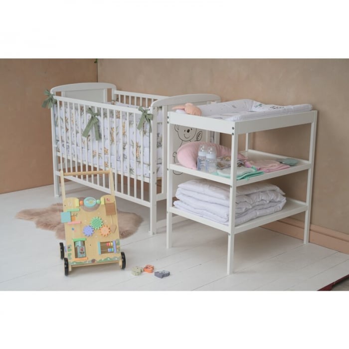 Patut din lemn bebe, 120x60 cm, Cu laterala culisanta, Din lemn de pin si mdf, Stabil si rezistent, Inaltime saltea reglabila pe 3 nivele, Laterala cu 3 bete detasabile, EN716-1, EN716-2, Alb, Babynee [5]
