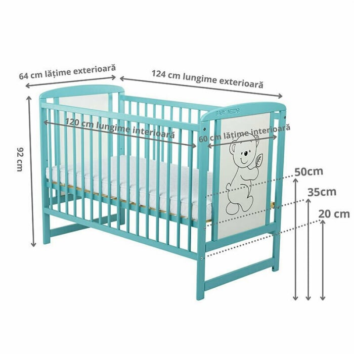 Patut din lemn bebe, 120x60 cm, Cu laterala culisanta, Din lemn de pin si mdf, Stabil si rezistent, Inaltime saltea reglabila pe 3 nivele, Laterala cu 3 bete detasabile, EN716-1, EN716-2, Mint, Babyne [9]