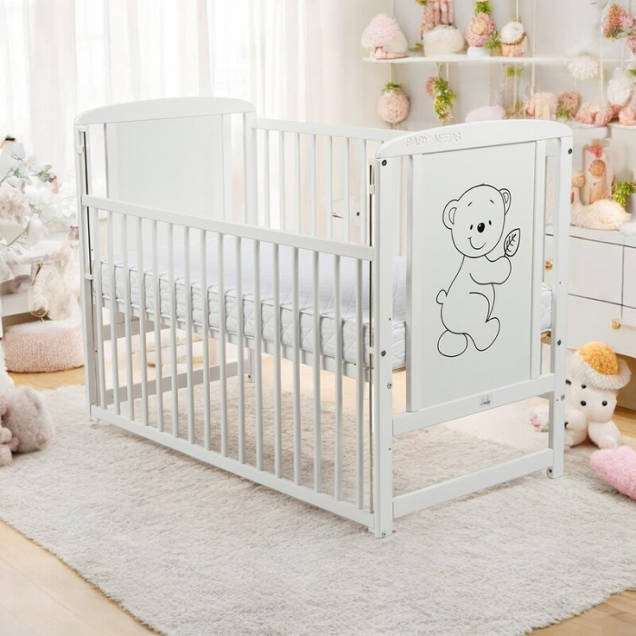 Patut din lemn bebe, 120x60 cm, Cu laterala culisanta, Din lemn de pin si mdf, Stabil si rezistent, Inaltime saltea reglabila pe 3 nivele, Laterala cu 3 bete detasabile, EN716-1, EN716-2, Alb, Babynee [4]