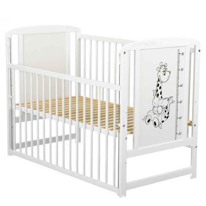 Patut din lemn bebe, 120x60 cm, Cu laterala culisanta, Din lemn de pin si mdf, Stabil si rezistent, Inaltime saltea reglabila pe 3 nivele, Laterala cu 3 bete detasabile, EN716-1, EN716-2, Alb, Babynee [11]