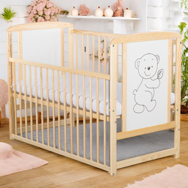 Patut din lemn bebe, 120x60 cm, Cu laterala culisanta, Din lemn de pin si mdf, Stabil si rezistent, Inaltime saltea reglabila pe 3 nivele, Laterala cu 3 bete detasabile, EN716-1, EN716-2, Natur, Babyn [5]