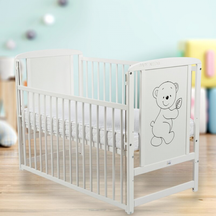 Patut din lemn bebe, 120x60 cm, Cu laterala culisanta, Din lemn de pin si mdf, Stabil si rezistent, Inaltime saltea reglabila pe 3 nivele, Laterala cu 3 bete detasabile, EN716-1, EN716-2, Alb, Babynee [5]