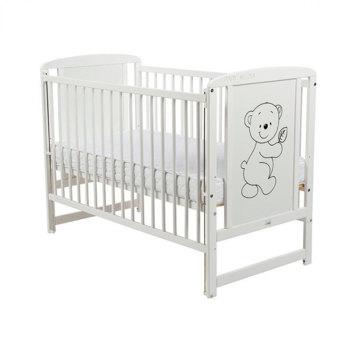 Patut din lemn bebe, 120x60 cm, Cu laterala culisanta, Din lemn de pin si mdf, Stabil si rezistent, Inaltime saltea reglabila pe 3 nivele, Laterala cu 3 bete detasabile, EN716-1, EN716-2, Alb, Babynee [2]