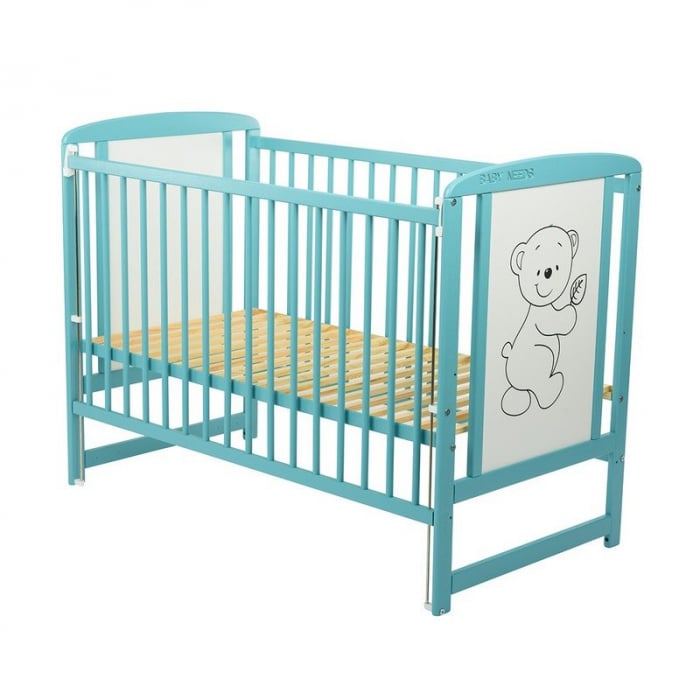 Patut din lemn bebe, 120x60 cm, Cu laterala culisanta, Din lemn de pin si mdf, Stabil si rezistent, Inaltime saltea reglabila pe 3 nivele, Laterala cu 3 bete detasabile, EN716-1, EN716-2, Mint, Babyne [6]