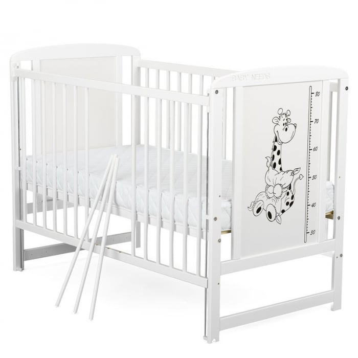 Patut din lemn bebe, 120x60 cm, Cu laterala culisanta, Din lemn de pin si mdf, Stabil si rezistent, Inaltime saltea reglabila pe 3 nivele, Laterala cu 3 bete detasabile, EN716-1, EN716-2, Alb, Babynee [4]