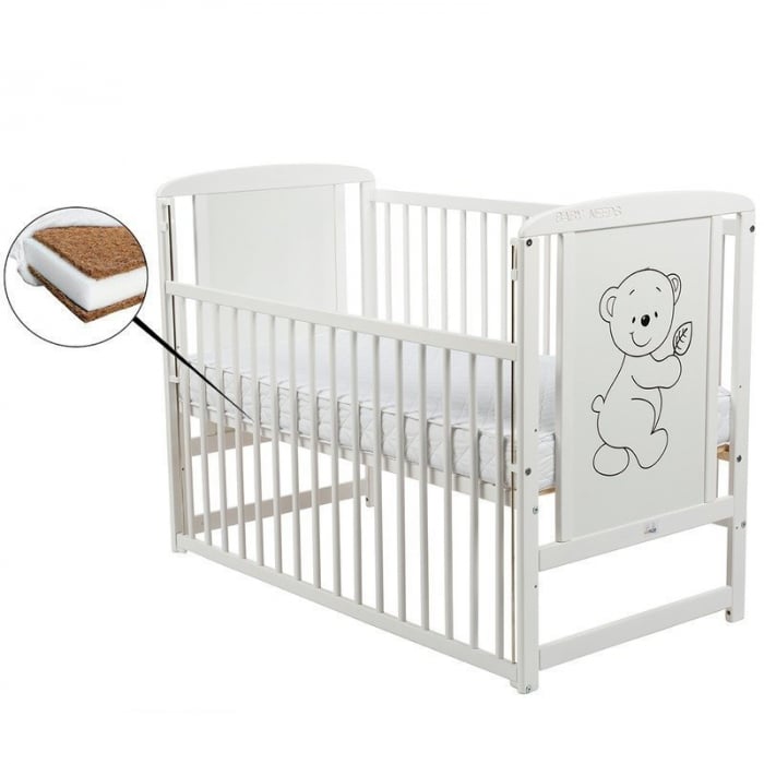Patut din lemn bebe, 120x60 cm, Cu laterala culisanta, Din lemn de pin si mdf, Stabil si rezistent, Inaltime saltea reglabila pe 3 nivele, Laterala cu 3 bete detasabile, EN716-1, EN716-2, Alb, Babynee [1]
