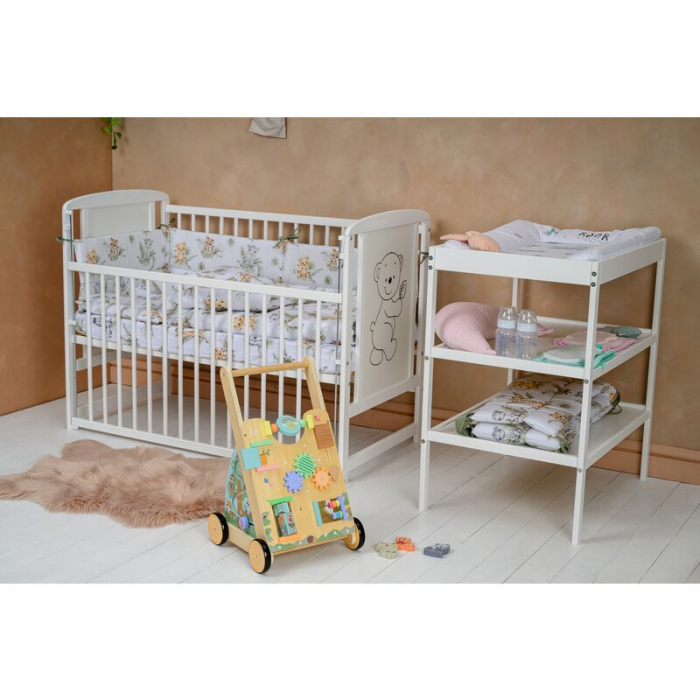 Patut din lemn bebe, 120x60 cm, Cu laterala culisanta, Din lemn de pin si mdf, Stabil si rezistent, Inaltime saltea reglabila pe 3 nivele, Laterala cu 3 bete detasabile, EN716-1, EN716-2, Alb, Babynee [4]