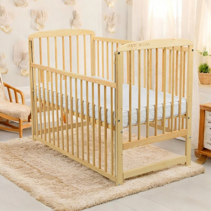 Patut din lemn bebe, 120x60 cm, Cu laterala culisanta, Din lemn de pin, Stabil si rezistent, Inaltime saltea reglabila pe 3 nivele, Laterala cu 3 bete detasabile, EN716-1, EN716-2, Natur, Babyneeds, O [3]