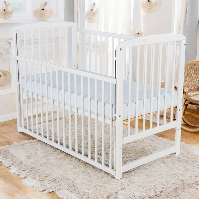 Patut din lemn bebe, 120x60 cm, Cu laterala culisanta, Din lemn de pin, Stabil si rezistent, Inaltime saltea reglabila pe 3 nivele, Laterala cu 3 bete detasabile, EN716-1, EN716-2, Alb, Babyneeds, Ola [3]