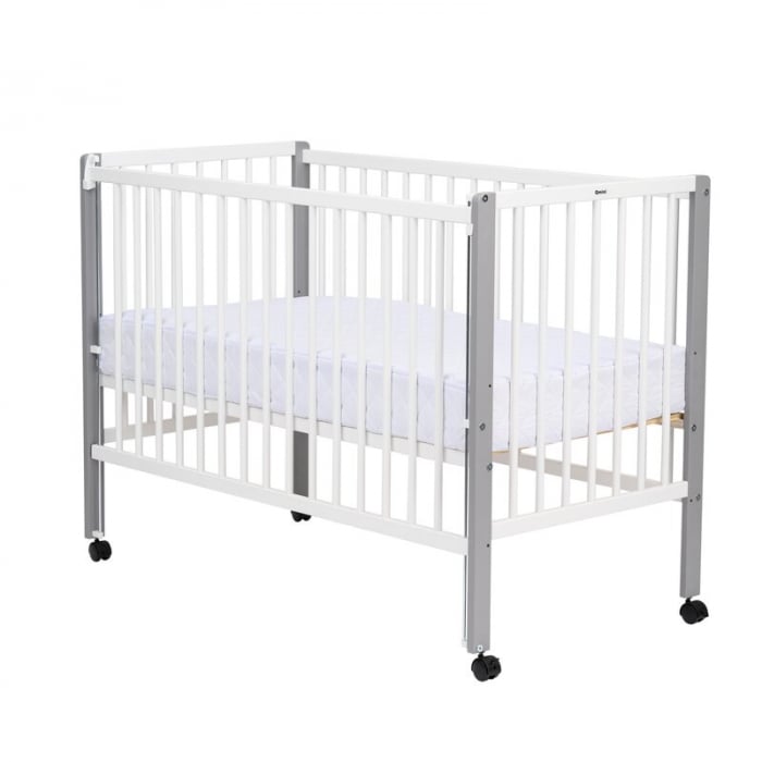 Patut din lemn bebe, 120x60 cm, Cu laterala culisanta, Din lemn de pin, Stabil si rezistent, Inaltime saltea reglabila pe 3 nivele, Laterala cu 3 bete detasabile, EN716-1, EN716-2, Alb, Qmini, Maya +  [8]