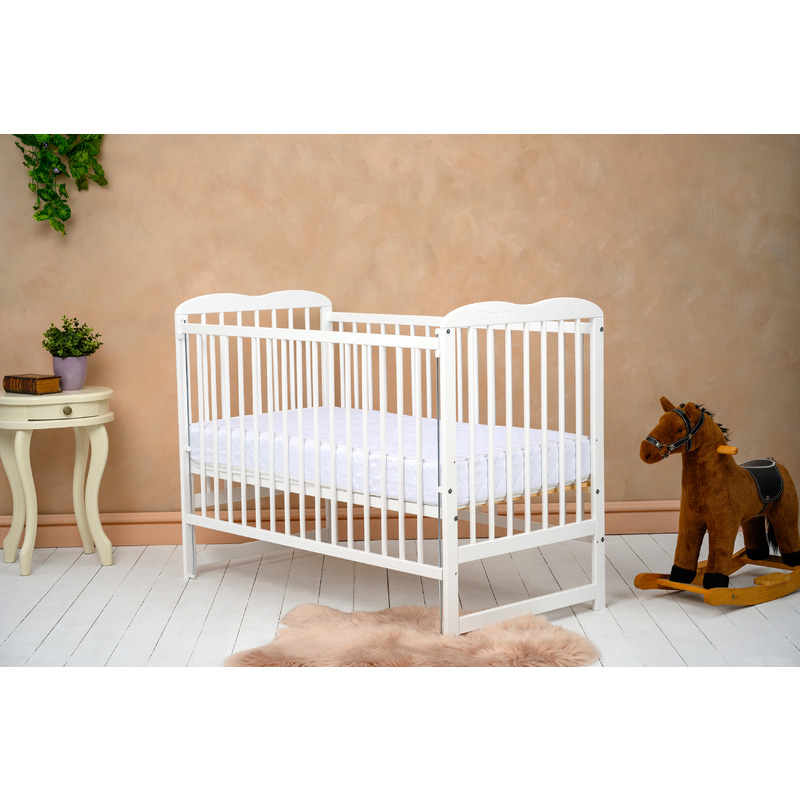 Patut din lemn bebe, 120x60 cm, Cu laterala culisanta, Din lemn de pin, Stabil si rezistent, Inaltime saltea reglabila pe 3 nivele, Laterala cu 3 bete detasabile, EN716-1, EN716-2, Alb, Qmini, Agata + [4]
