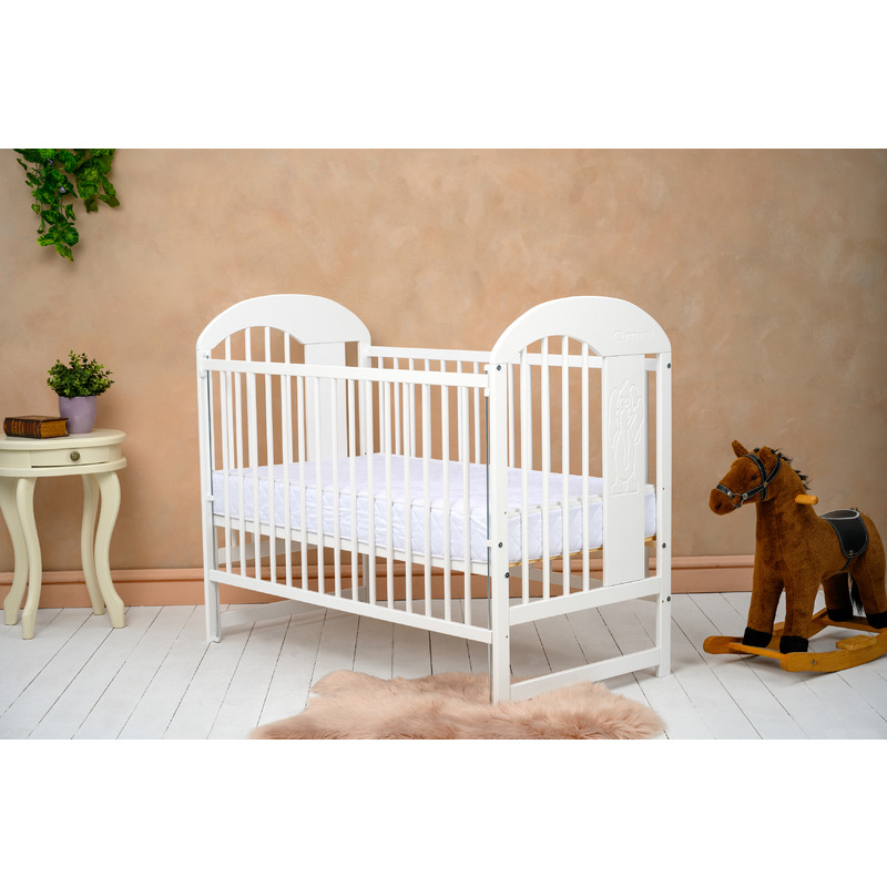 Patut din lemn bebe, 120x60 cm, Cu laterala culisanta, Din lemn de pin, Stabil si rezistent, Inaltime saltea reglabila pe 3 nivele, Laterala cu 3 bete detasabile, EN716-1, EN716-2, Alb, Qmini, Julia I [3]