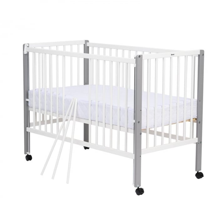 Patut din lemn bebe, 120x60 cm, Cu laterala culisanta, Din lemn de pin, Stabil si rezistent, Inaltime saltea reglabila pe 3 nivele, Laterala cu 3 bete detasabile, EN716-1, EN716-2, Alb, Qmini, Maya +  [3]