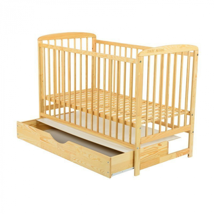 Patut din lemn bebe, 120x60 cm, Cu sertar cu capac, Din lemn de pin si mdf, Stabil si rezistent, Inaltime saltea reglabila pe 3 nivele, Laterala cu 3 bete detasabile, EN716-1, EN716-2, Natur, Babyneed [8]