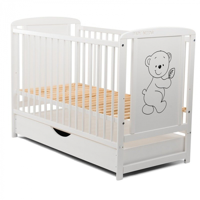 Patut din lemn bebe, 120x60 cm, Cu sertar cu capac, Din lemn de pin si mdf, Stabil si rezistent, Inaltime saltea reglabila pe 3 nivele, Laterala cu 3 bete detasabile, EN716-1, EN716-2, Alb, Babyneeds, [9]