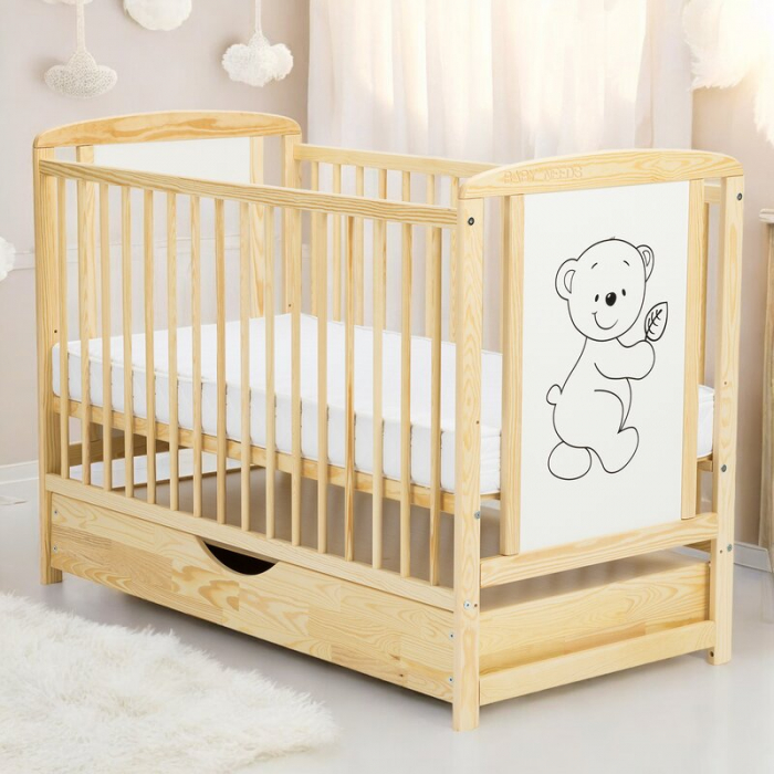 Patut din lemn bebe, 120x60 cm, Cu sertar cu capac, Din lemn de pin si mdf, Stabil si rezistent, Inaltime saltea reglabila pe 3 nivele, Laterala cu 3 bete detasabile, EN716-1, EN716-2, Natur, Babyneed [3]