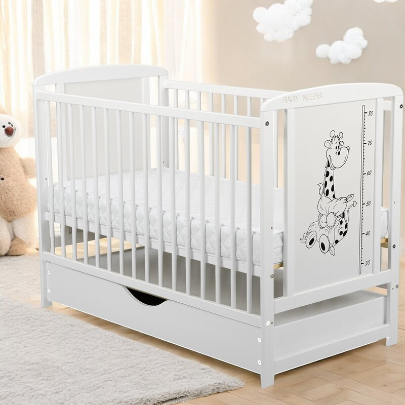 Patut din lemn bebe, 120x60 cm, Cu sertar cu capac, Din lemn de pin si mdf, Stabil si rezistent, Inaltime saltea reglabila pe 3 nivele, Laterala cu 3 bete detasabile, EN716-1, EN716-2, Alb, Babyneeds, [3]