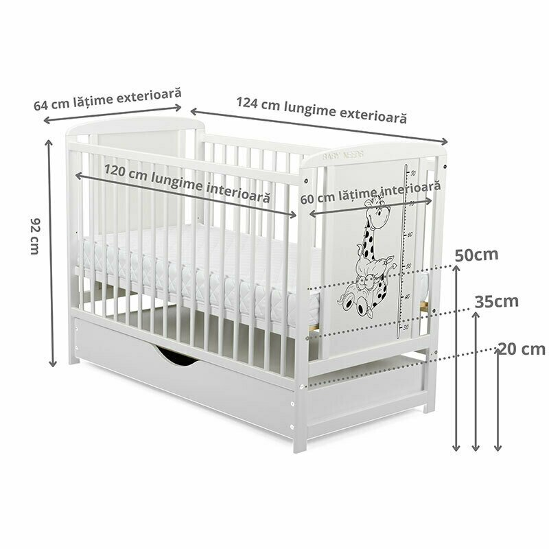 Patut din lemn bebe, 120x60 cm, Cu sertar cu capac, Din lemn de pin si mdf, Stabil si rezistent, Inaltime saltea reglabila pe 3 nivele, Laterala cu 3 bete detasabile, EN716-1, EN716-2, Alb, Babyneeds, [11]
