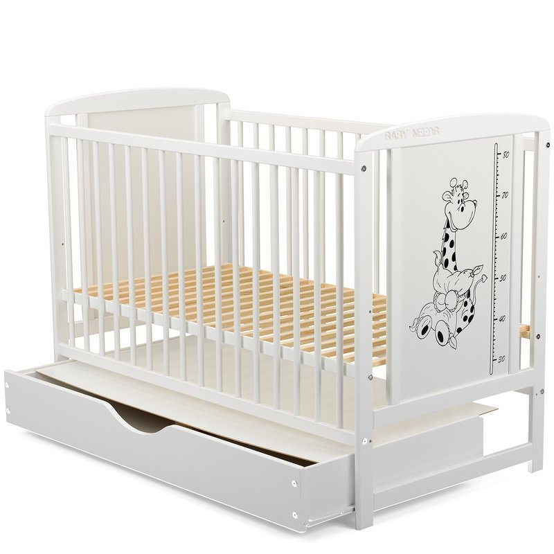 Patut din lemn bebe, 120x60 cm, Cu sertar cu capac, Din lemn de pin si mdf, Stabil si rezistent, Inaltime saltea reglabila pe 3 nivele, Laterala cu 3 bete detasabile, EN716-1, EN716-2, Alb, Babyneeds, [9]