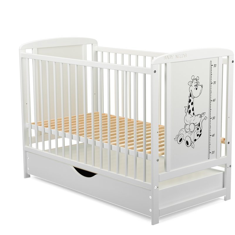 Patut din lemn bebe, 120x60 cm, Cu sertar cu capac, Din lemn de pin si mdf, Stabil si rezistent, Inaltime saltea reglabila pe 3 nivele, Laterala cu 3 bete detasabile, EN716-1, EN716-2, Alb, Babyneeds, [2]