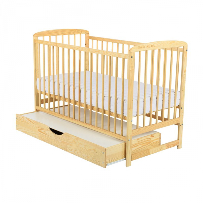 Patut din lemn bebe, 120x60 cm, Cu sertar cu capac, Din lemn de pin si mdf, Stabil si rezistent, Inaltime saltea reglabila pe 3 nivele, Laterala cu 3 bete detasabile, EN716-1, EN716-2, Natur, Babyneed [2]