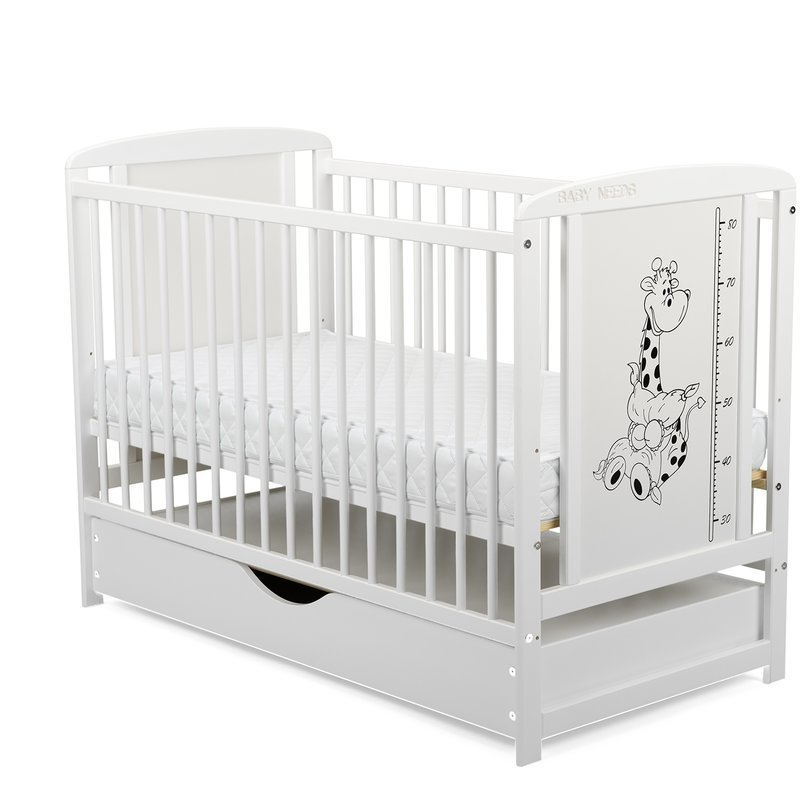 Patut din lemn bebe, 120x60 cm, Cu sertar cu capac, Din lemn de pin si mdf, Stabil si rezistent, Inaltime saltea reglabila pe 3 nivele, Laterala cu 3 bete detasabile, EN716-1, EN716-2, Alb, Babyneeds, [6]