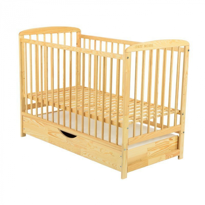 Patut din lemn bebe, 120x60 cm, Cu sertar cu capac, Din lemn de pin si mdf, Stabil si rezistent, Inaltime saltea reglabila pe 3 nivele, Laterala cu 3 bete detasabile, EN716-1, EN716-2, Natur, Babyneed [9]