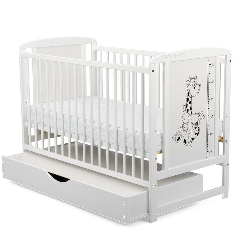 Patut din lemn bebe, 120x60 cm, Cu sertar cu capac, Din lemn de pin si mdf, Stabil si rezistent, Inaltime saltea reglabila pe 3 nivele, Laterala cu 3 bete detasabile, EN716-1, EN716-2, Alb, Babyneeds, [5]