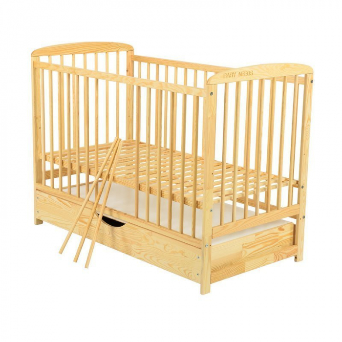 Patut din lemn bebe, 120x60 cm, Cu sertar cu capac, Din lemn de pin si mdf, Stabil si rezistent, Inaltime saltea reglabila pe 3 nivele, Laterala cu 3 bete detasabile, EN716-1, EN716-2, Natur, Babyneed [10]