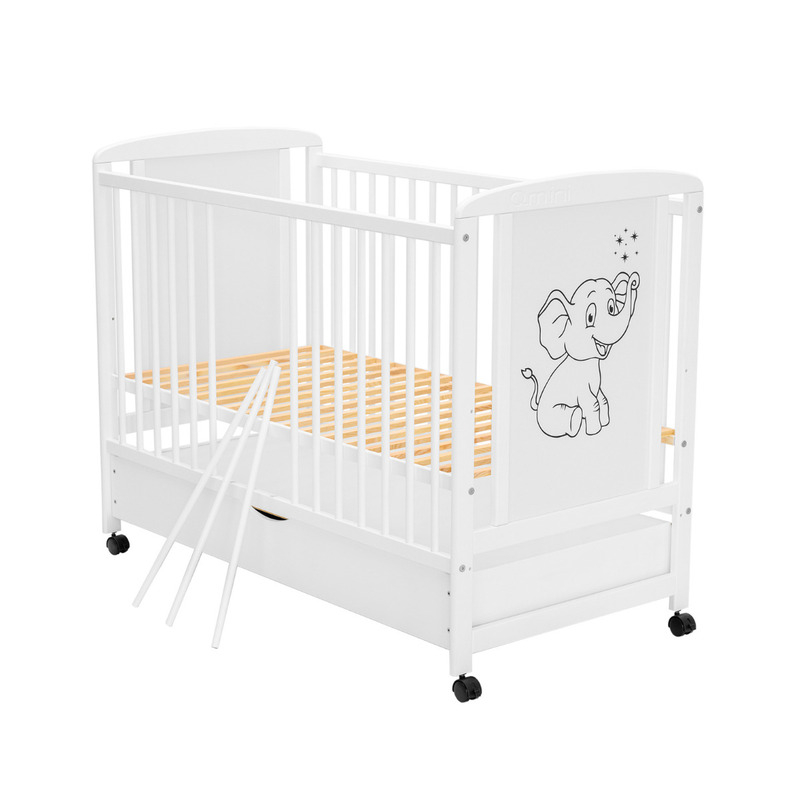 Patut din lemn bebe, 120x60 cm, Cu sertar, Din lemn de pin si mdf, Stabil si rezistent, Inaltime saltea reglabila pe 3 nivele, Laterala cu 3 bete detasabile, EN716-1, EN716-2, Alb, Qmini, Timmi Elepha [7]