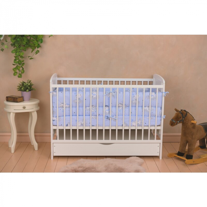 Patut din lemn bebe, 120x60 cm, Cu sertar, Din lemn de pin si mdf, Stabil si rezistent, Inaltime saltea reglabila pe 3 nivele, Laterala cu 3 bete detasabile, EN716-1, EN716-2, Alb, Qmini, Timmi Heart [5]