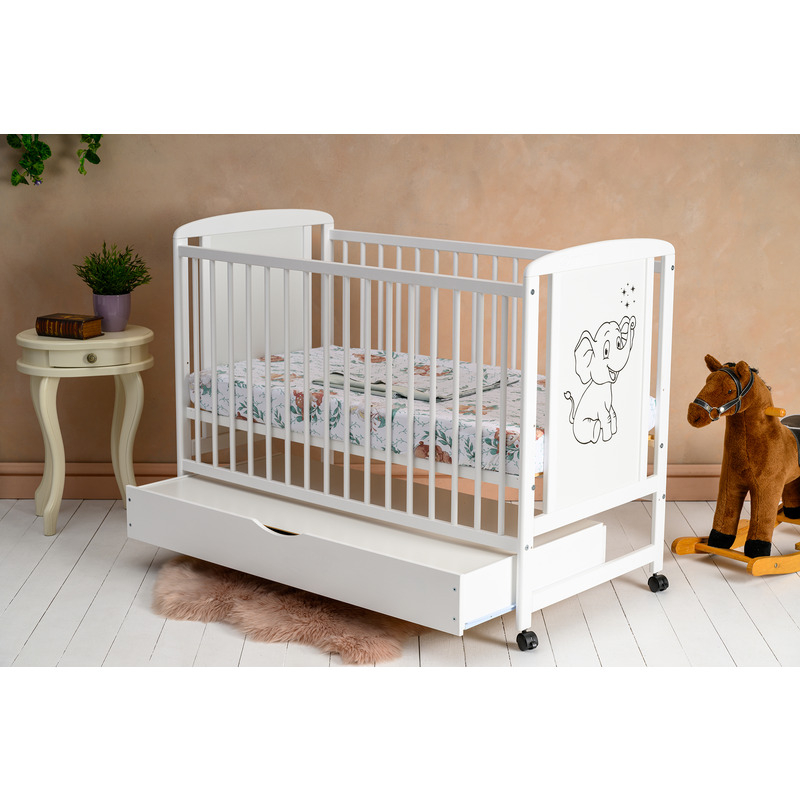 Patut din lemn bebe, 120x60 cm, Cu sertar, Din lemn de pin si mdf, Stabil si rezistent, Inaltime saltea reglabila pe 3 nivele, Laterala cu 3 bete detasabile, EN716-1, EN716-2, Alb, Qmini, Timmi Elepha [3]