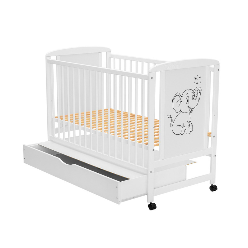 Patut din lemn bebe, 120x60 cm, Cu sertar, Din lemn de pin si mdf, Stabil si rezistent, Inaltime saltea reglabila pe 3 nivele, Laterala cu 3 bete detasabile, EN716-1, EN716-2, Alb, Qmini, Timmi Elepha [9]
