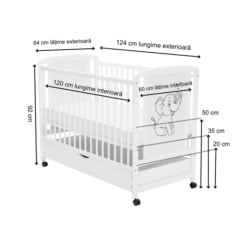 Patut din lemn bebe, 120x60 cm, Cu sertar, Din lemn de pin si mdf, Stabil si rezistent, Inaltime saltea reglabila pe 3 nivele, Laterala cu 3 bete detasabile, EN716-1, EN716-2, Alb, Qmini, Timmi Elepha [4]