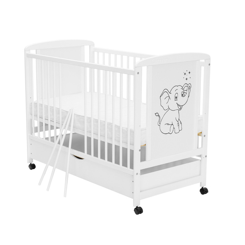 Patut din lemn bebe, 120x60 cm, Cu sertar, Din lemn de pin si mdf, Stabil si rezistent, Inaltime saltea reglabila pe 3 nivele, Laterala cu 3 bete detasabile, EN716-1, EN716-2, Alb, Qmini, Timmi Elepha [8]