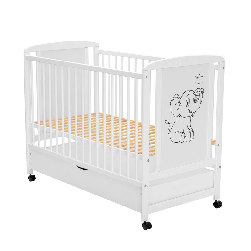 Patut din lemn bebe, 120x60 cm, Cu sertar, Din lemn de pin si mdf, Stabil si rezistent, Inaltime saltea reglabila pe 3 nivele, Laterala cu 3 bete detasabile, EN716-1, EN716-2, Alb, Qmini, Timmi Elepha [10]