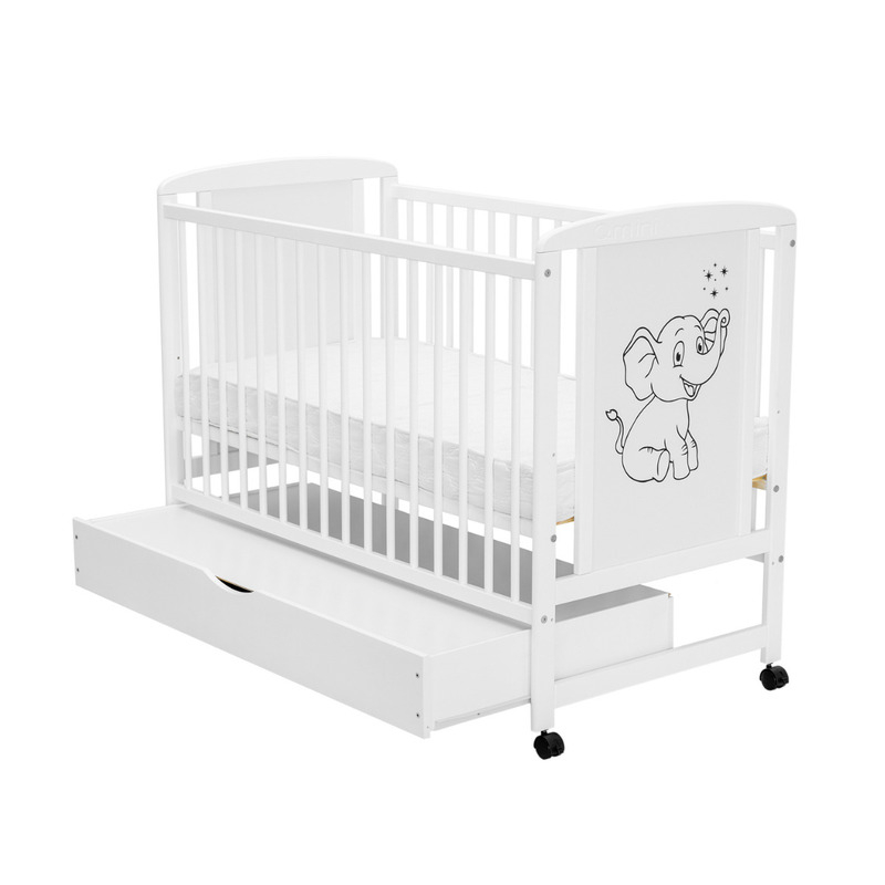 Patut din lemn bebe, 120x60 cm, Cu sertar, Din lemn de pin si mdf, Stabil si rezistent, Inaltime saltea reglabila pe 3 nivele, Laterala cu 3 bete detasabile, EN716-1, EN716-2, Alb, Qmini, Timmi Elepha [5]