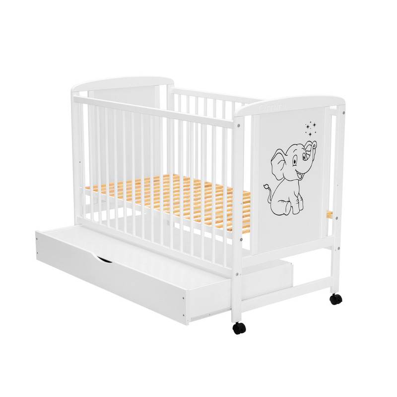 Patut din lemn bebe, 120x60 cm, Cu sertar, Din lemn de pin si mdf, Stabil si rezistent, Inaltime saltea reglabila pe 3 nivele, Laterala cu 3 bete detasabile, EN716-1, EN716-2, Alb, Qmini, Timmi Elepha [6]