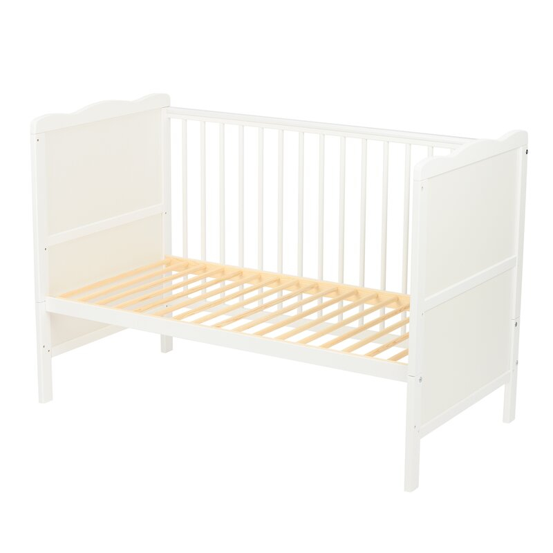 Patut din lemn bebe, 120x60 cm, Cu sina speciala pentru dentitie, Multifunctional, EN716-1, EN716-2, Alb, Qmini, Julia + Saltea 8 cm [9]