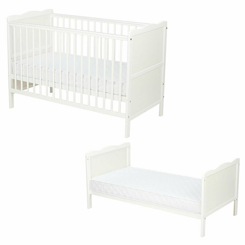 Patut din lemn bebe, 120x60 cm, Cu sina speciala pentru dentitie, Multifunctional, EN716-1, EN716-2, Alb, Qmini, Julia + Saltea 8 cm [2]