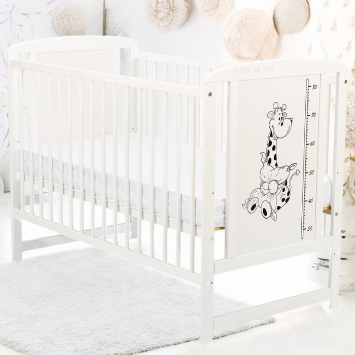 Patut din lemn bebe, 120x60 cm, Din lemn de pin si mdf, Stabil si rezistent, Inaltime saltea reglabila pe 3 nivele, Laterala cu 3 bete detasabile, EN716-1, EN716-2, Alb, Babyneeds, Timmi Girafa + Salt [2]