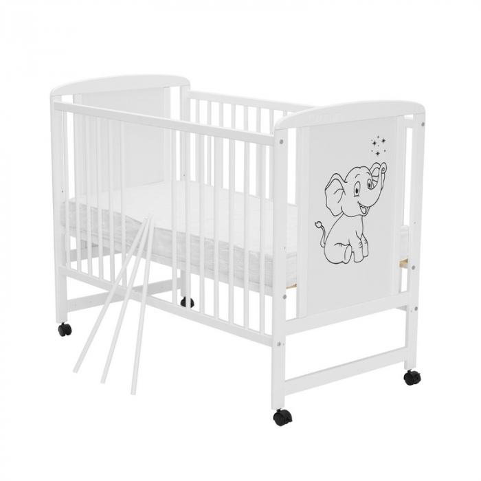 Patut din lemn bebe, 120x60 cm, Din lemn de pin si mdf, Stabil si rezistent, Inaltime saltea reglabila pe 3 nivele, Laterala cu 3 bete detasabile, EN716-1, EN716-2, Alb, Qmini, Timmi Elephant [6]