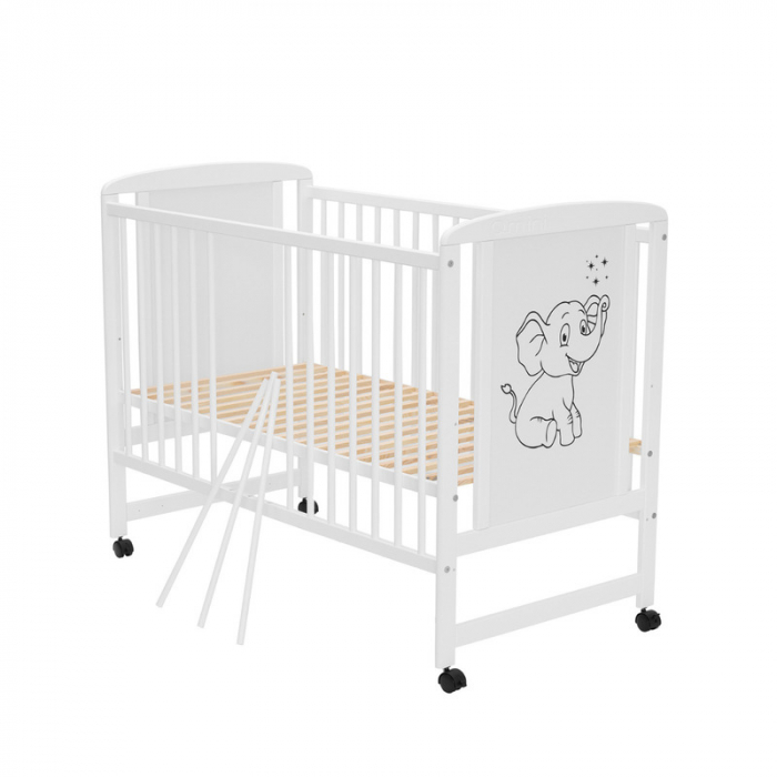 Patut din lemn bebe, 120x60 cm, Din lemn de pin si mdf, Stabil si rezistent, Inaltime saltea reglabila pe 3 nivele, Laterala cu 3 bete detasabile, EN716-1, EN716-2, Alb, Qmini, Timmi Elephant [7]